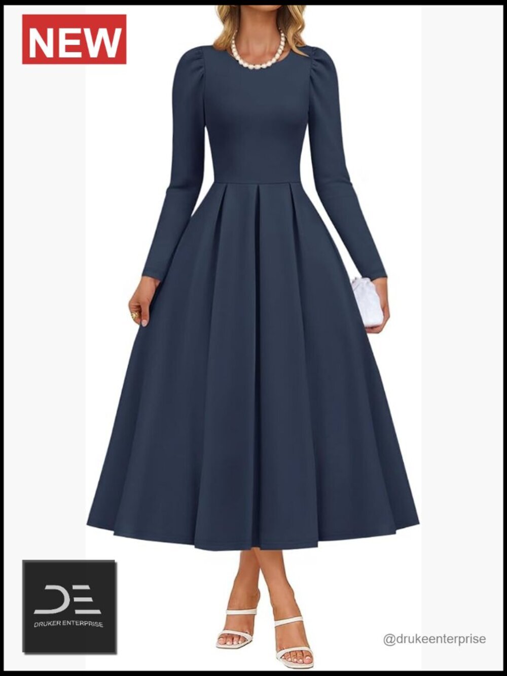 Long Sleeve Midi Dress with Pockets Crewneck Swing A Line Dress